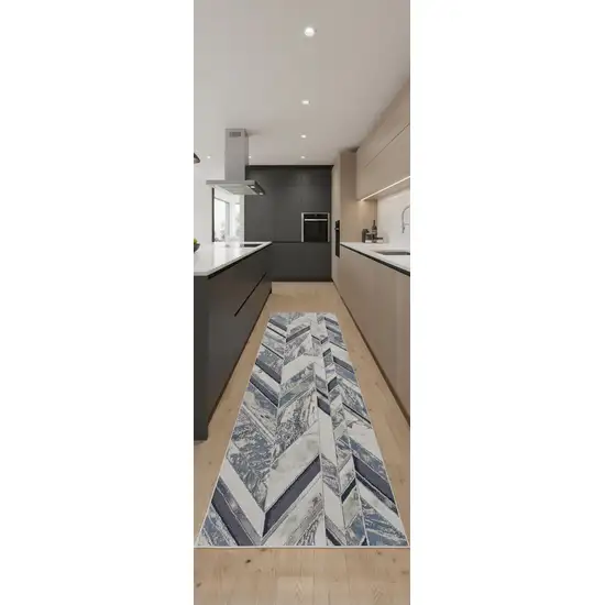 8' Ivory Blue And Gray Chevron Power Loom Distressed Runner Rug Photo 1