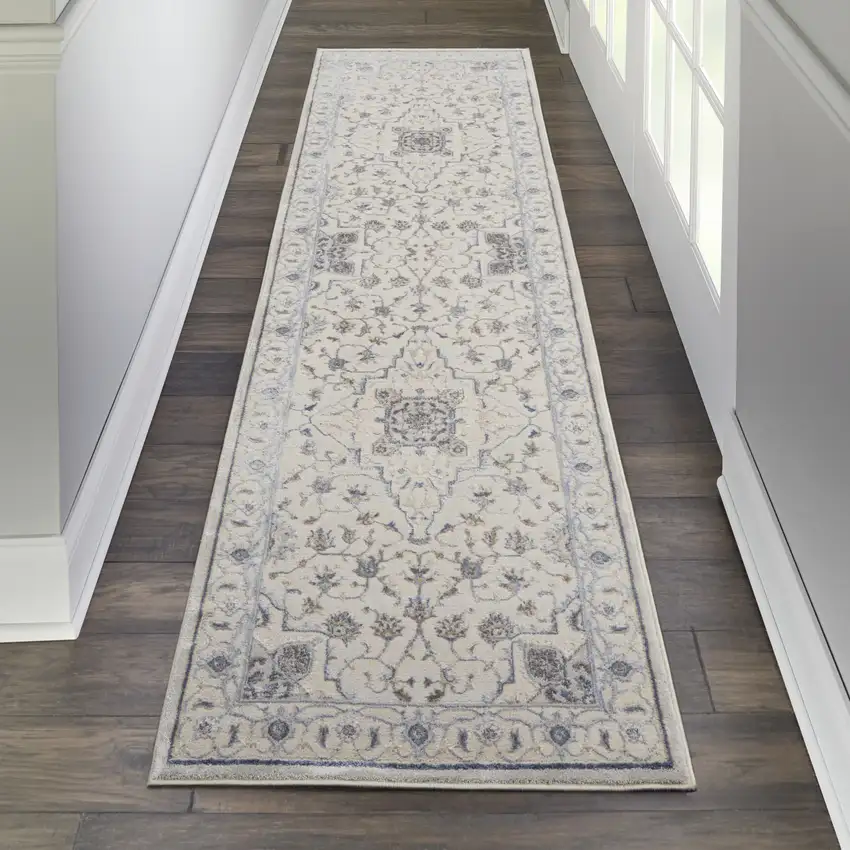 8' Ivory Blue And Gray Floral Non Skid Runner Rug Photo 3