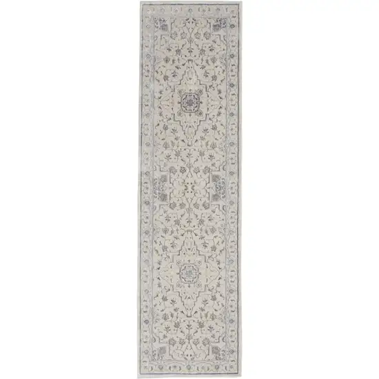 8' Ivory Blue And Gray Floral Non Skid Runner Rug Photo 4