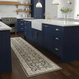 Photo of 8' Ivory Blue And Gray Floral Runner Rug