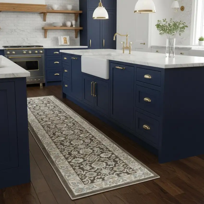 8' Ivory Blue And Gray Floral Runner Rug Photo 1