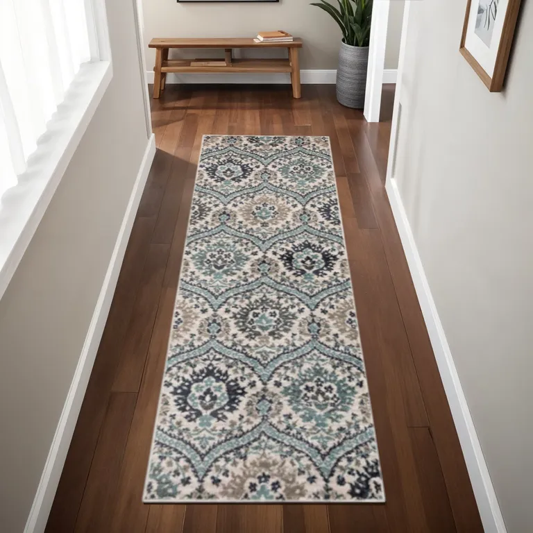 8' Ivory Blue And Gray Floral Stain Resistant Runner Rug Photo 5