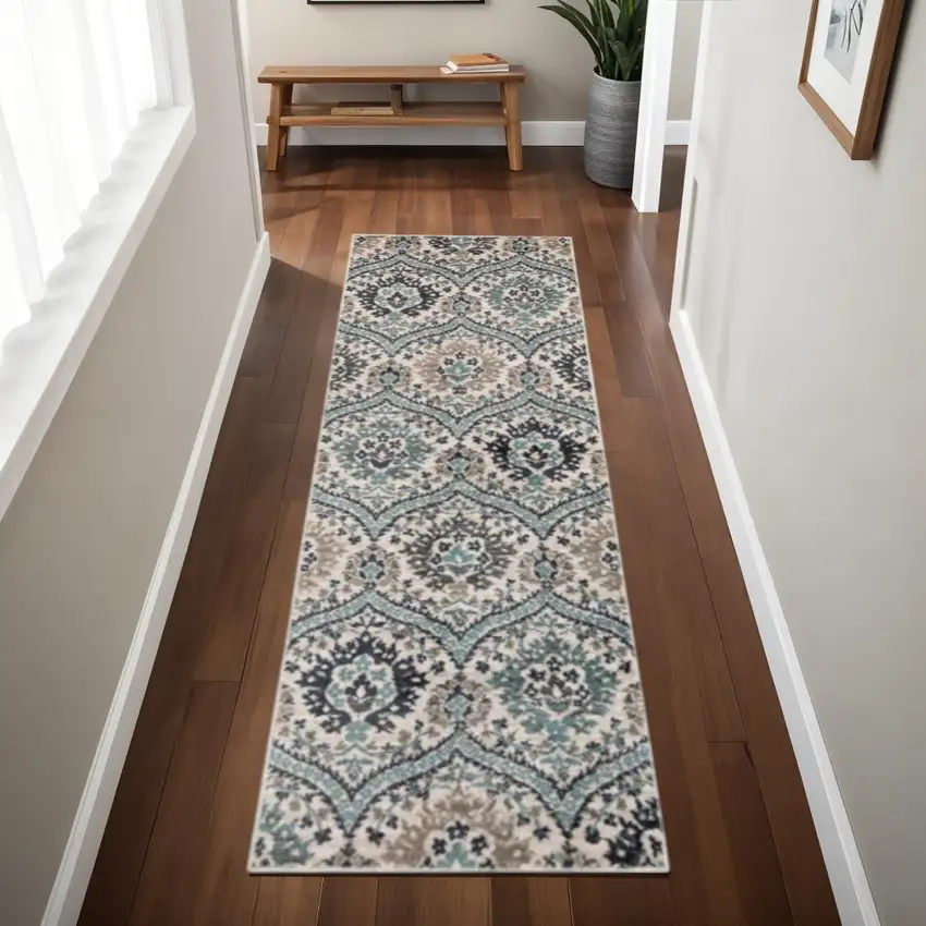 8' Ivory Blue And Gray Medallion Runner Rug Photo 1