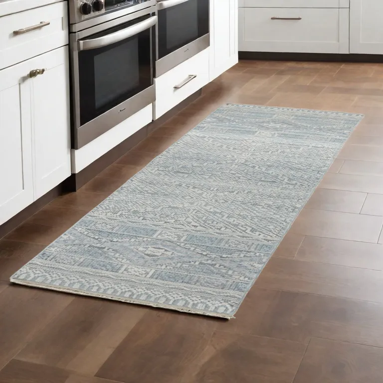 10' Ivory Blue And Gray Geometric Hand Knotted Runner Rug Photo 5