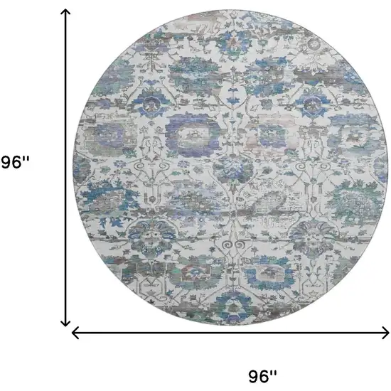 8' Ivory Blue And Gray Oriental Washable Round Rug With UV Protection Photo 9