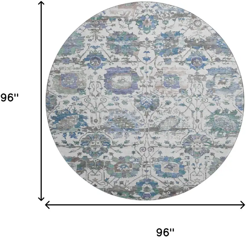 8' Ivory Blue And Gray Oriental Washable Round Rug With UV Protection Photo 9
