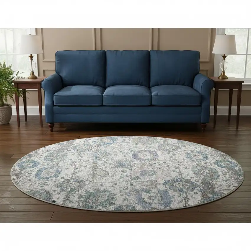 8' Ivory Blue And Gray Oriental Washable Round Rug With UV Protection Photo 2