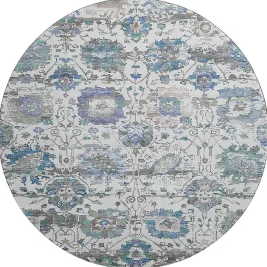 8' Ivory Blue And Gray Oriental Washable Round Rug With UV Protection Photo 2