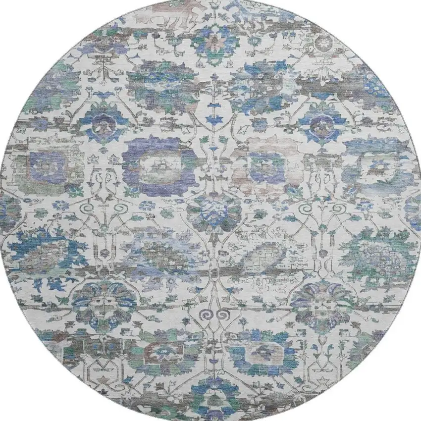 8' Ivory Blue And Gray Oriental Washable Round Rug With UV Protection Photo 2