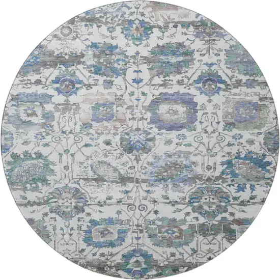 8' Ivory Blue And Gray Oriental Washable Round Rug With UV Protection Photo 3