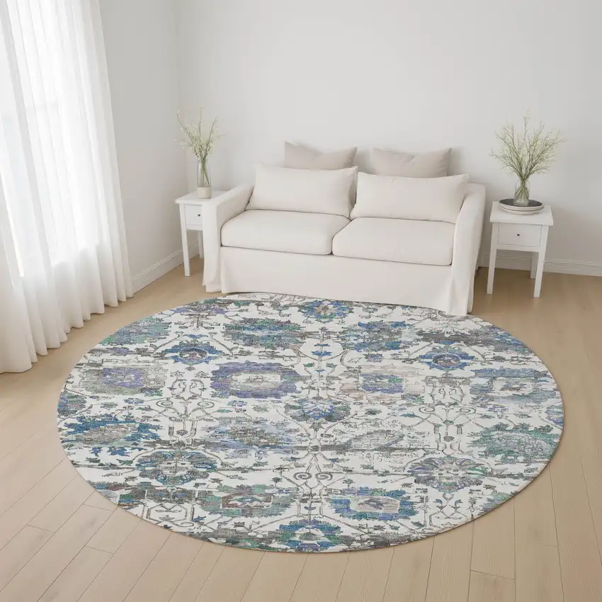 8' Ivory Blue And Gray Oriental Washable Round Rug With UV Protection Photo 4