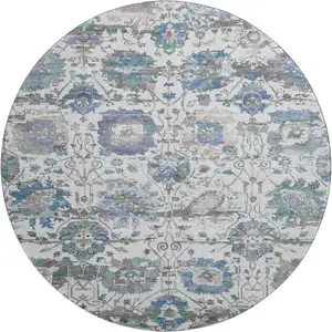 Photo of 8' Ivory Blue And Gray Oriental Washable Round Rug With UV Protection