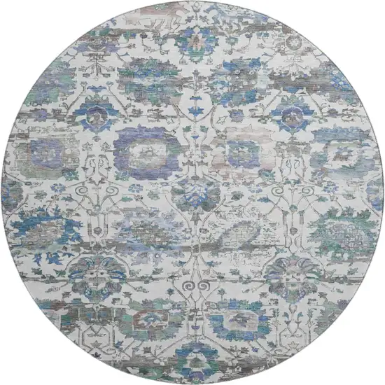 8' Ivory Blue And Gray Oriental Washable Round Rug With UV Protection Photo 1