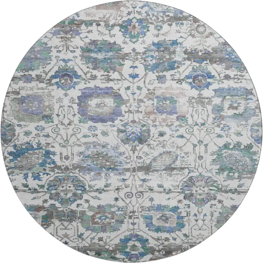 8' Ivory Blue And Gray Oriental Washable Round Rug With UV Protection Photo 1