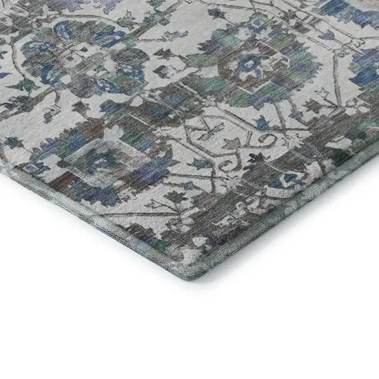 8' Ivory Blue And Gray Oriental Washable Round Rug With UV Protection Photo 6