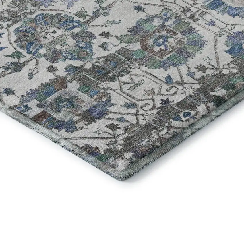 8' Ivory Blue And Gray Oriental Washable Round Rug With UV Protection Photo 6