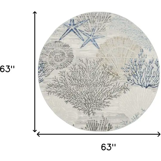 5' Ivory Blue And Gray Seashell and Coral Non Skid Round Rug Photo 3