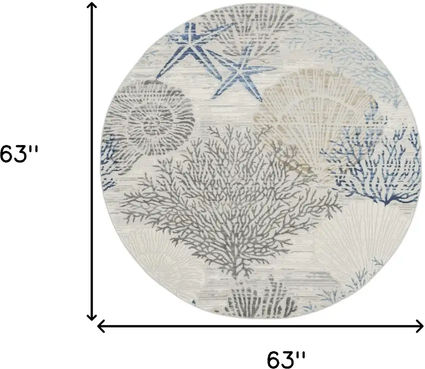 5' Ivory Blue And Gray Seashell and Coral Non Skid Round Rug Photo 3