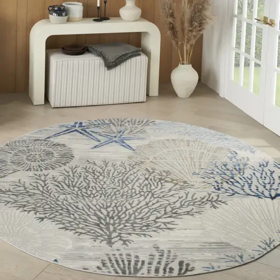 5' Ivory Blue And Gray Seashell and Coral Non Skid Round Rug Photo 5