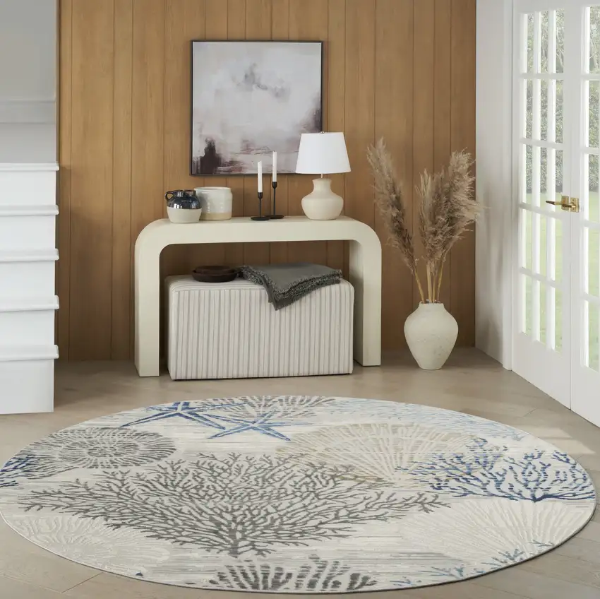 5' Ivory Blue And Gray Seashell and Coral Non Skid Round Rug Photo 6