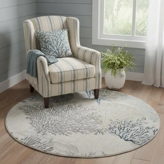 5' Ivory Blue And Gray Seashell and Coral Non Skid Round Rug Photo 1