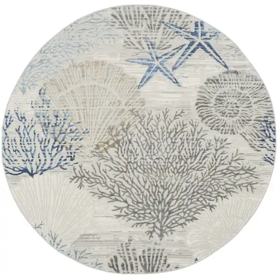 5' Ivory Blue And Gray Seashell and Coral Non Skid Round Rug Photo 3