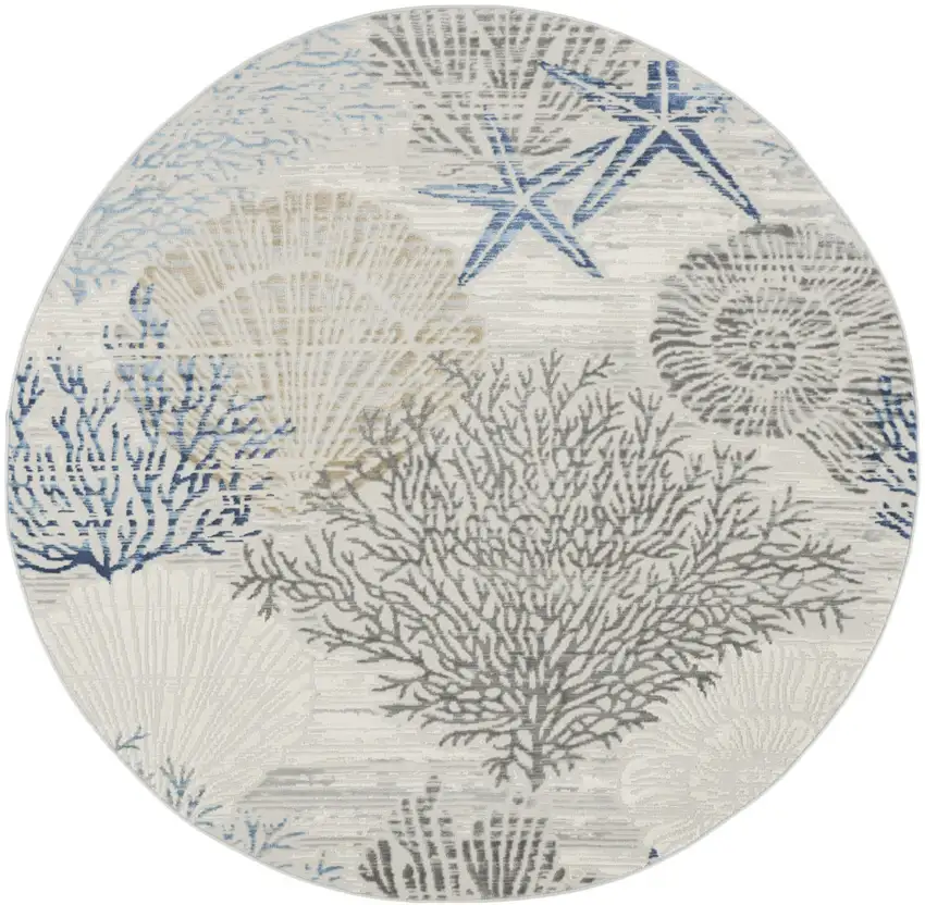 5' Ivory Blue And Gray Seashell and Coral Non Skid Round Rug Photo 3