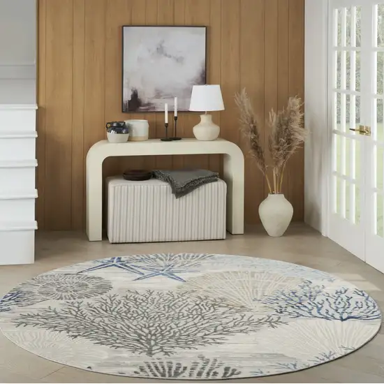 8' Ivory Blue And Gray Seashell and Coral Non Skid Round Rug Photo 6
