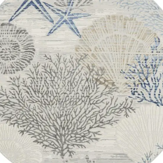 8' Ivory Blue And Gray Seashell and Coral Non Skid Round Rug Photo 4