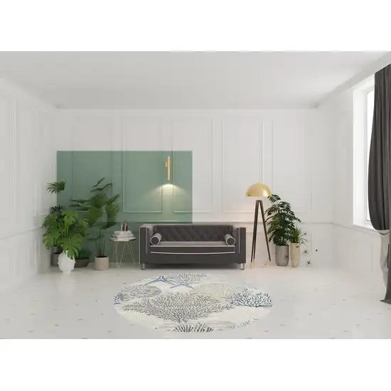 8' Ivory Blue And Gray Seashell and Coral Non Skid Round Rug Photo 1