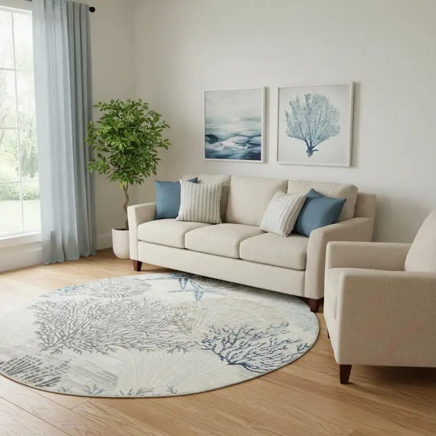 8' Ivory Blue And Gray Seashell and Coral Non Skid Round Rug Photo 1