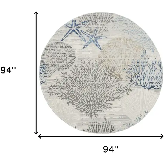8' Ivory Blue And Gray Seashell and Coral Non Skid Round Rug Photo 3