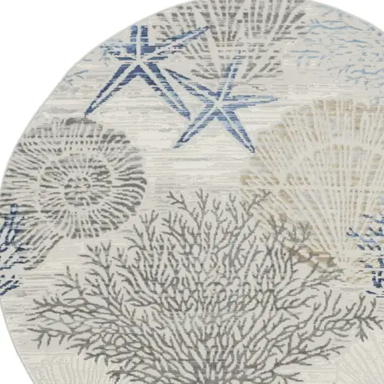 8' Ivory Blue And Gray Seashell and Coral Non Skid Round Rug Photo 7