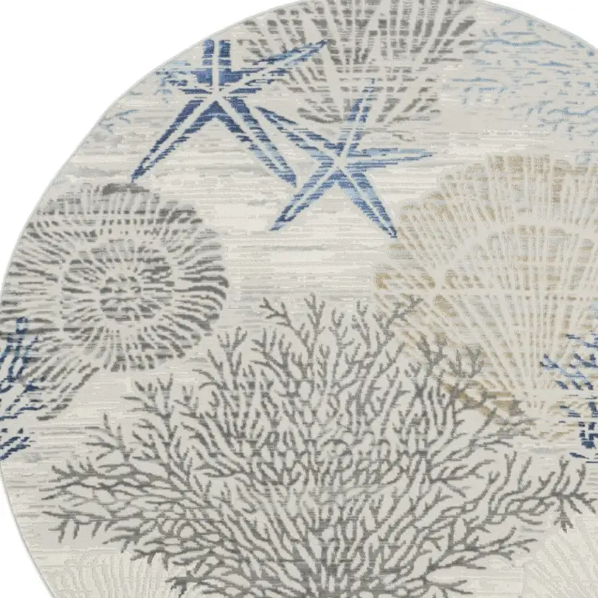 8' Ivory Blue And Gray Seashell and Coral Non Skid Round Rug Photo 7