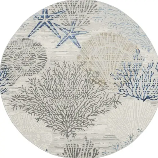 8' Ivory Blue And Gray Seashell and Coral Non Skid Round Rug Photo 3