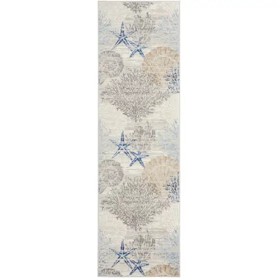 8' Ivory Blue And Gray Seashell and Coral Non Skid Runner Rug Photo 2