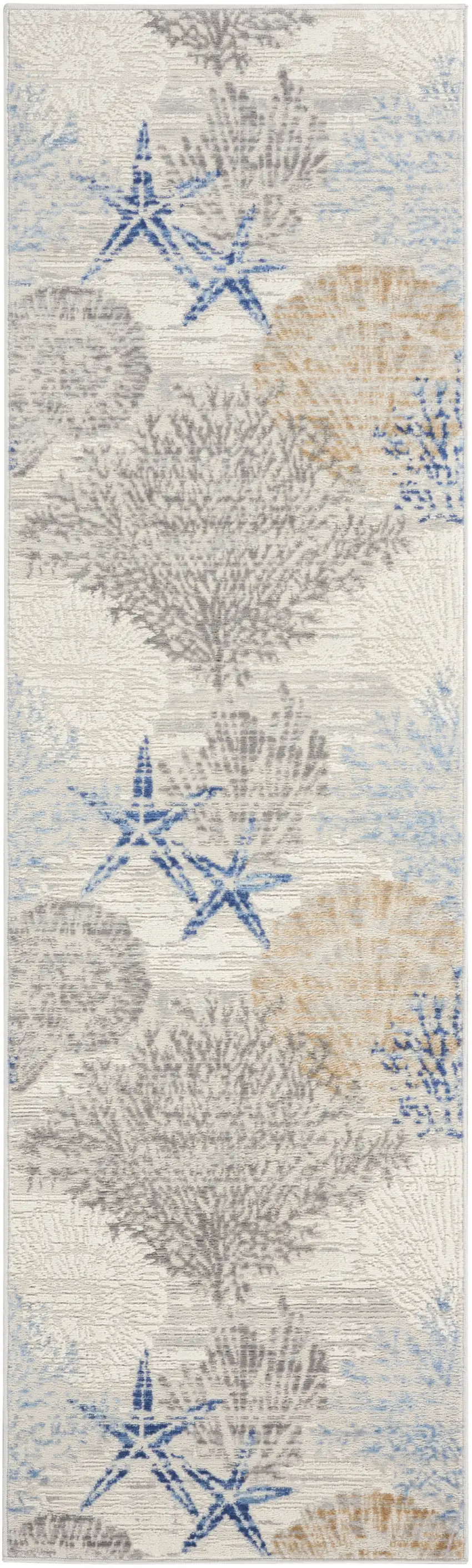 8' Ivory Blue And Gray Seashell and Coral Non Skid Runner Rug Photo 2