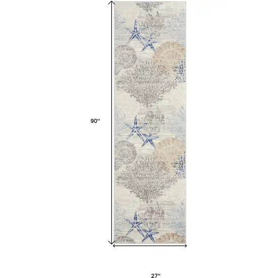 8' Ivory Blue And Gray Seashell and Coral Non Skid Runner Rug Photo 3