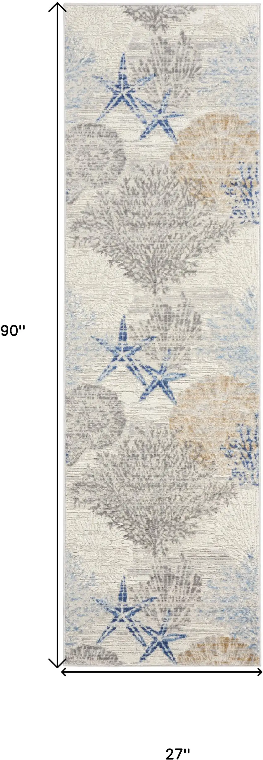 8' Ivory Blue And Gray Seashell and Coral Non Skid Runner Rug Photo 3