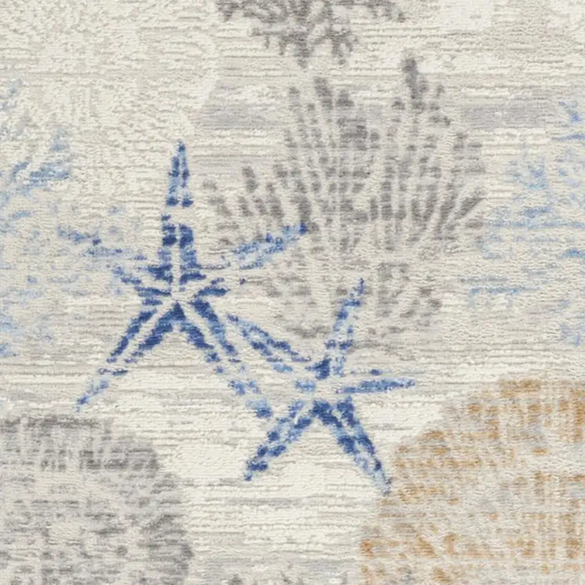 8' Ivory Blue And Gray Seashell and Coral Non Skid Runner Rug Photo 3