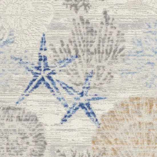 8' Ivory Blue And Gray Seashell and Coral Non Skid Runner Rug Photo 6