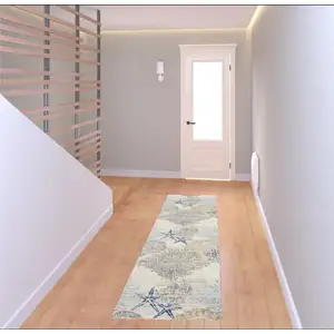 Photo of 8' Ivory Blue And Gray Seashell and Coral Non Skid Runner Rug