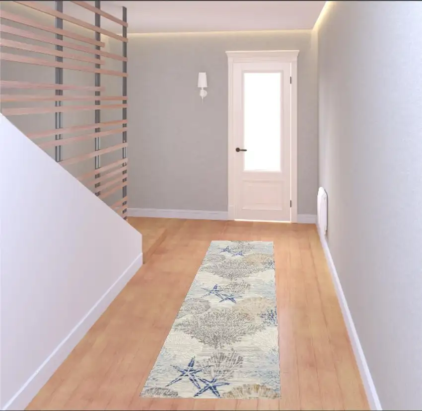 8' Ivory Blue And Gray Seashell and Coral Non Skid Runner Rug Photo 1