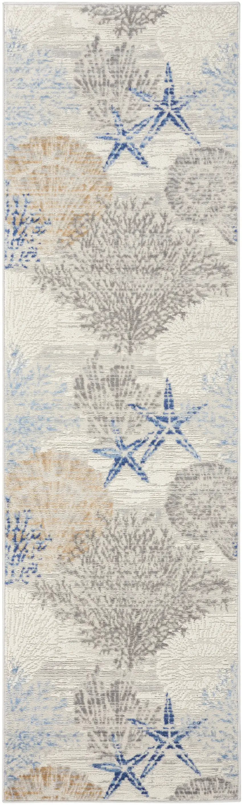8' Ivory Blue And Gray Seashell and Coral Non Skid Runner Rug Photo 4