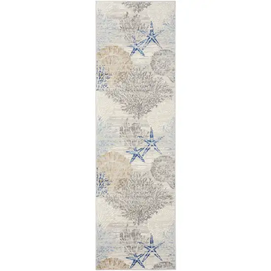8' Ivory Blue And Gray Seashell and Coral Non Skid Runner Rug Photo 4