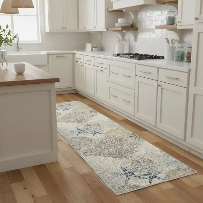 8' Ivory Blue And Gray Seashell and Coral Non Skid Runner Rug Photo 1