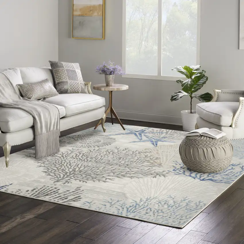 5' Ivory Blue And Gray Seashell and Coral Non Skid Square Rug Photo 4