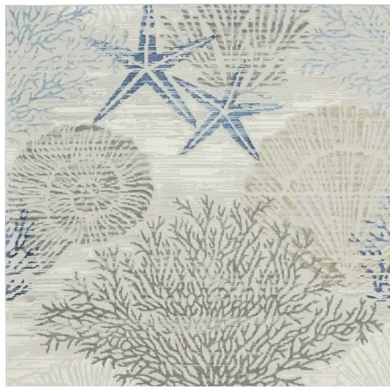 5' Ivory Blue And Gray Seashell and Coral Non Skid Square Rug Photo 4
