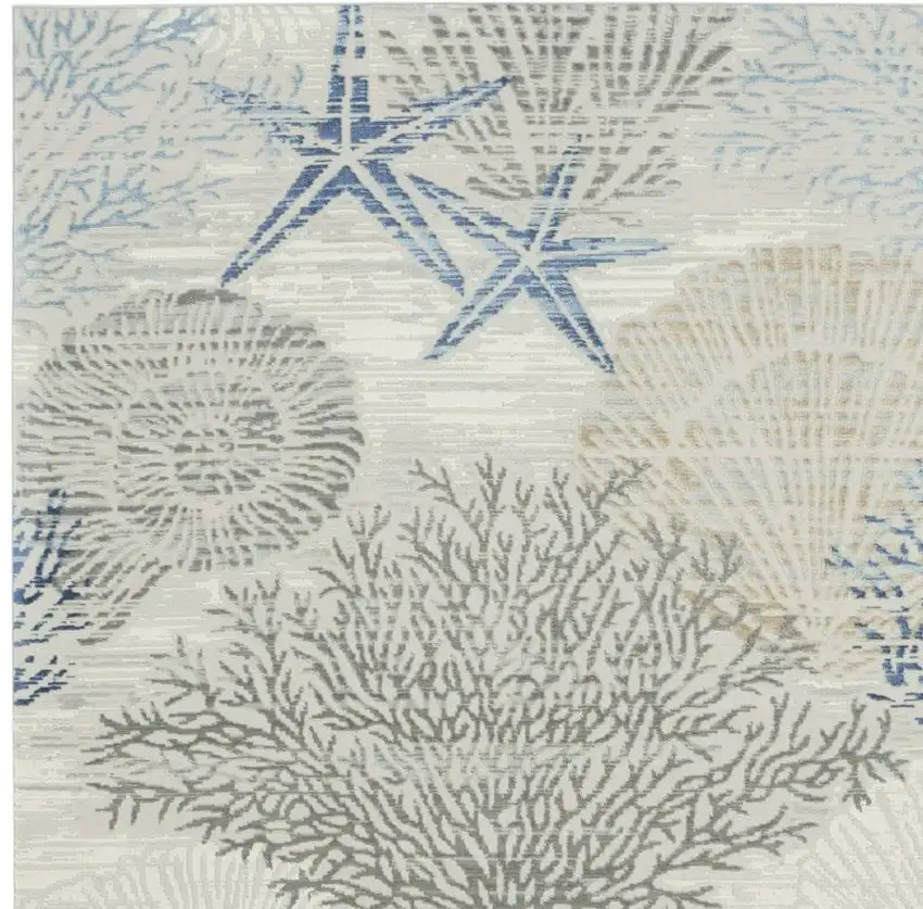 5' Ivory Blue And Gray Seashell and Coral Non Skid Square Rug Photo 4