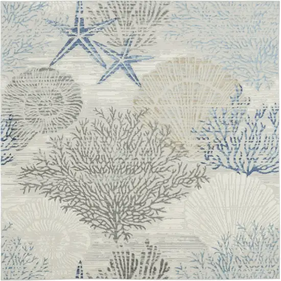 5' Ivory Blue And Gray Seashell and Coral Non Skid Square Rug Photo 2